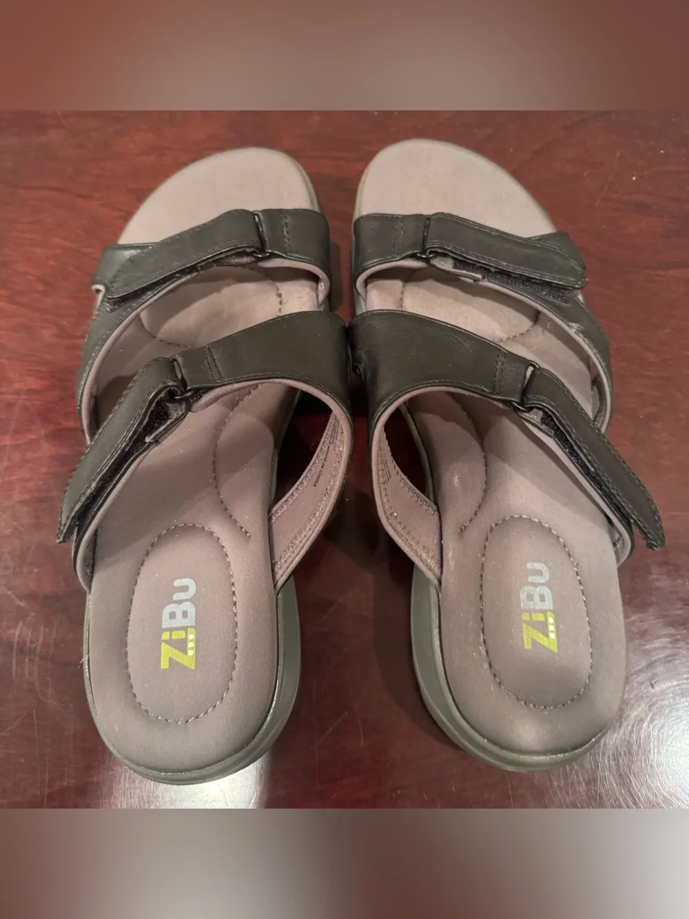 Women's Black Adjustable Leather Sandals by ZiBu - Size 7